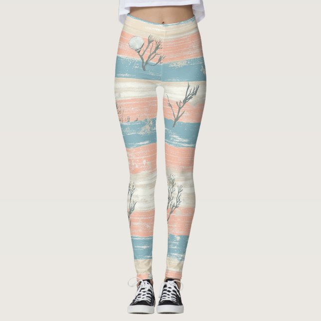 Leggings Vagues de corail et de coquillages côtiers à l'aqu (Devant)
