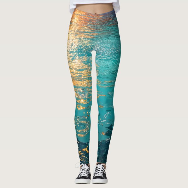 Leggings Vagues d'eau abstraites avec lumière dorée du sole (Devant)