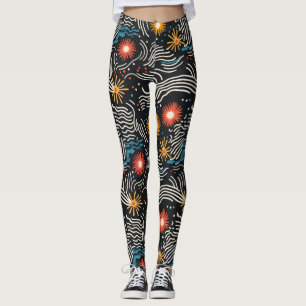 Leggings Vagues florales Abstraites sur noir