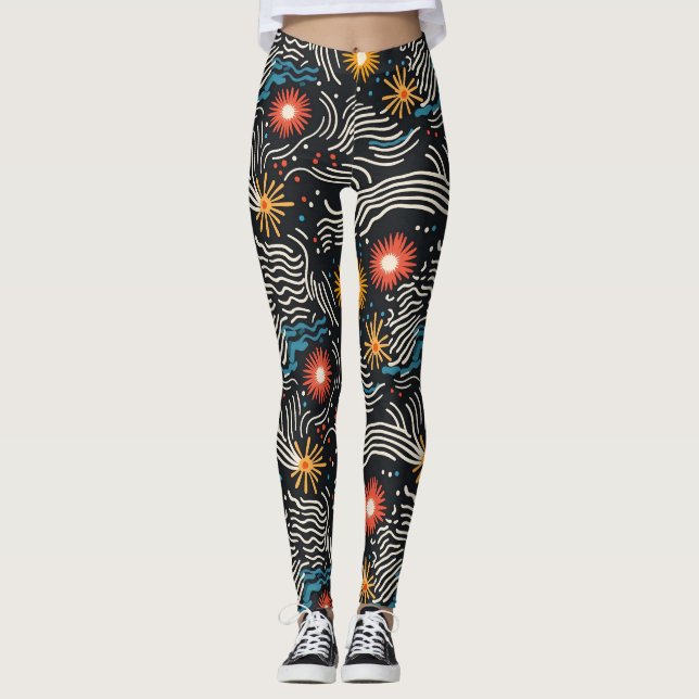 Leggings Vagues florales Abstraites sur noir (Devant)