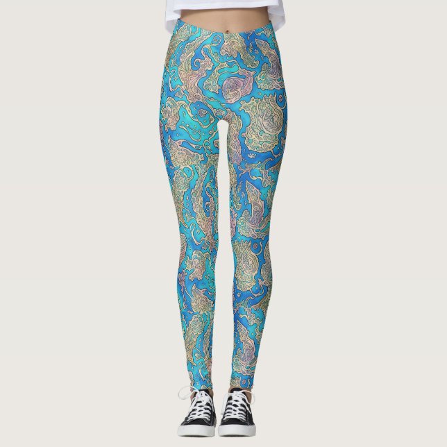 Leggings Vagues marines turquoise bleues abstraites uniques (Devant)