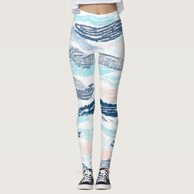 Leggings Vagues Océaniques Abstraites Motif Texturé Bleu Ro (Devant)