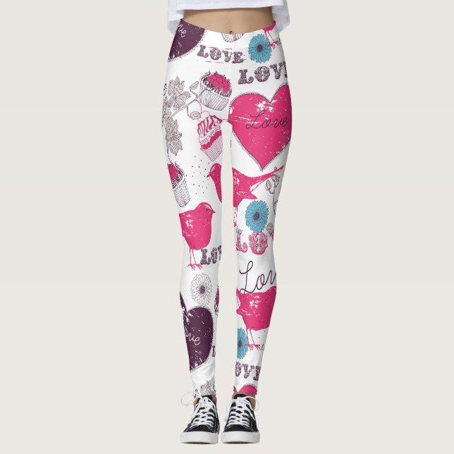 Leggings Valentines Motif Red Hearts & Birds (Devant)