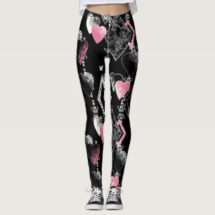 Leggings Valentines sans coutures Amour Jour Noir Coeurs mo