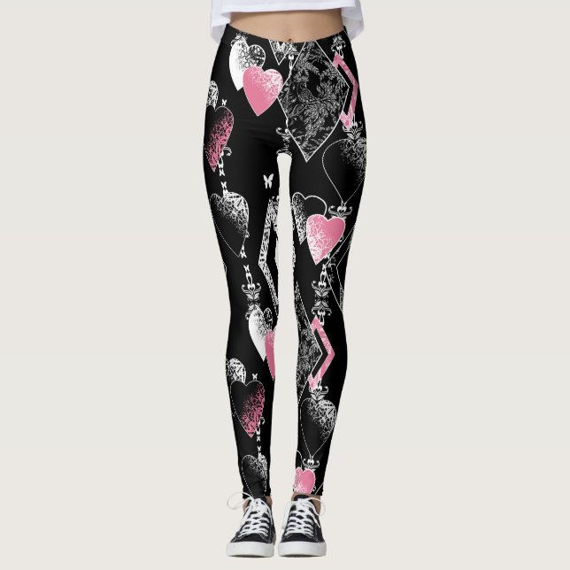 Leggings Valentines sans coutures Amour Jour Noir Coeurs mo (Devant)