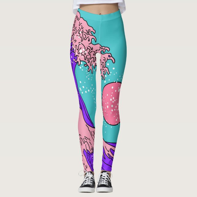 Leggings Vaporwave Great Wave : Art Océanique Stylisé (Devant)
