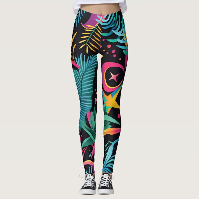 Leggings Vaporwave Synthwave Lune Et Tropiques (Devant)