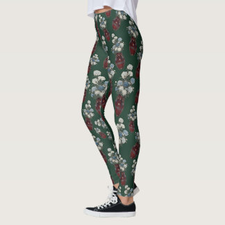 Leggings Vases de Chinoiserie Chrysanthèmes Vert Forêt