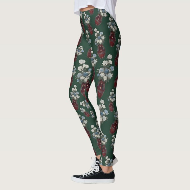 Leggings Vases de Chinoiserie Chrysanthèmes Vert Forêt  (Gauche)