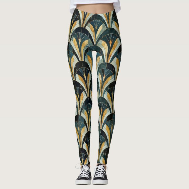 Leggings Ventilateur Art déco émeraude doré (Devant)