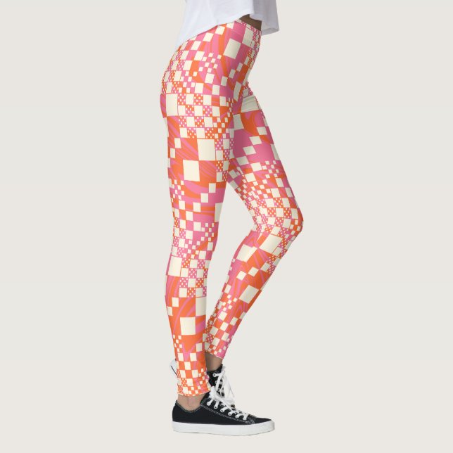 Leggings Vérifié, Chèques - rose, orange et crème (Droite)