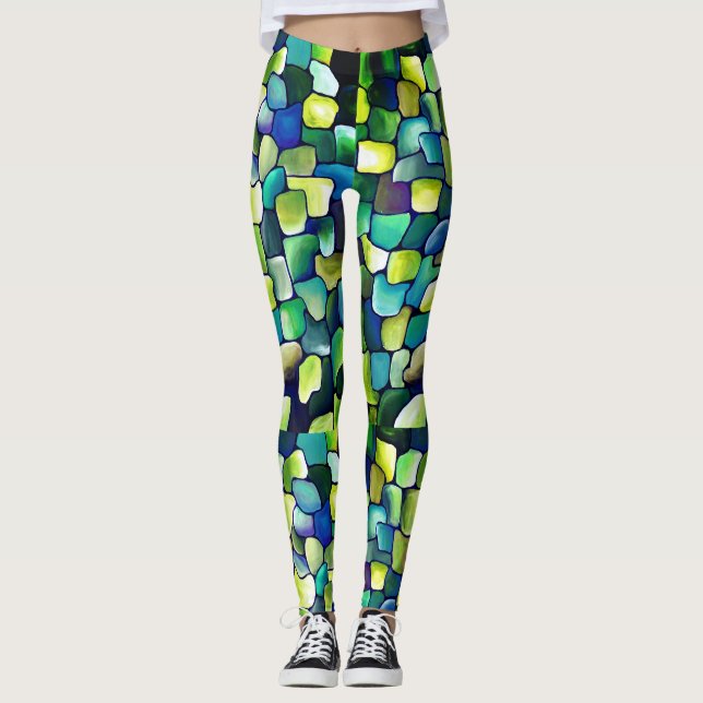 Leggings Vert bleu Abstrait Aquarelle Motif lunaire (Devant)