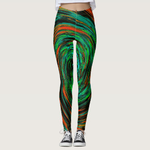 Leggings Vert Citron et Abstrait Rétro Tourbillon Orange