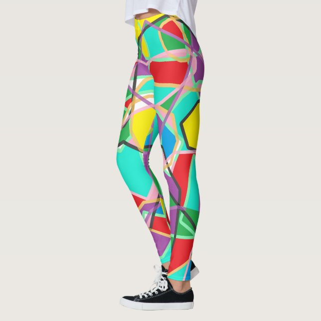 Leggings Vert Citron, Rouge, Bleu Rayé Gribouillis Abstrait (Gauche)