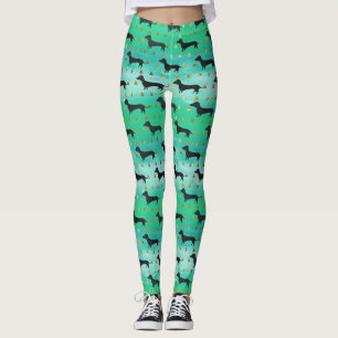 Leggings Vert et motif de teckel d'or