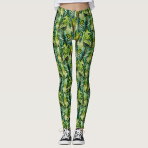 Leggings Vert et Turquoise Aquarelle Tropical Palm Feuille