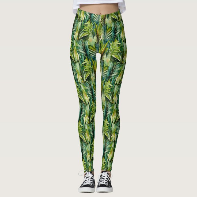 Leggings Vert et Turquoise Aquarelle Tropical Palm Feuille (Devant)