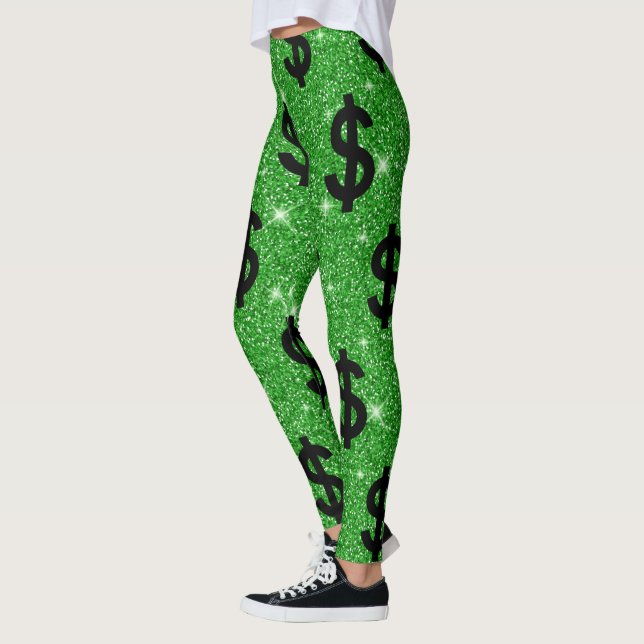 Leggings Vert Étincelle Argent Imprimer Noir Signe Dollar G (Gauche)