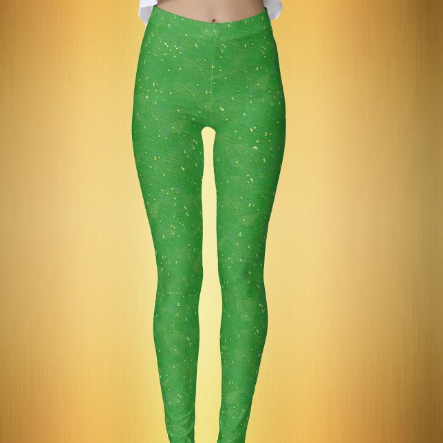 Leggings Vert festif brillant recouvert de minuscules paill (Festive sparkle like womans leggings in bright green covered with tiny gold flecks.)