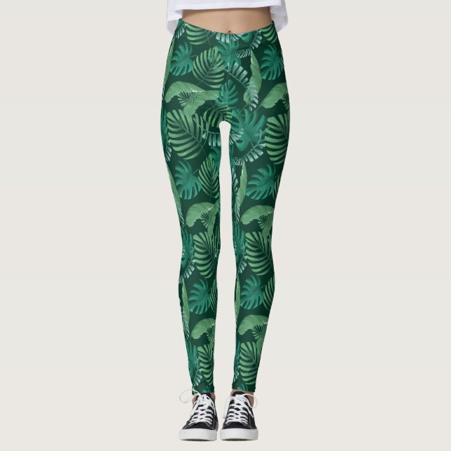 Leggings Vert feuillu tropical de guêtres d'impression (Devant)