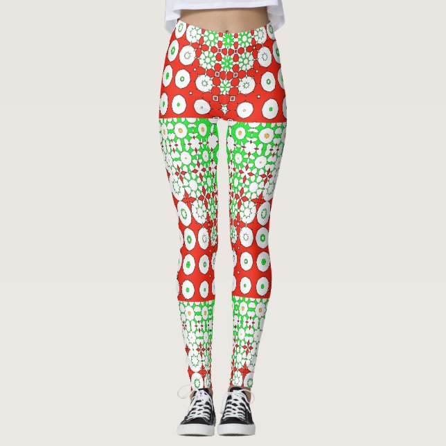 Leggings Vert Funky, Rouge, Motif, Fleurs, (Devant)