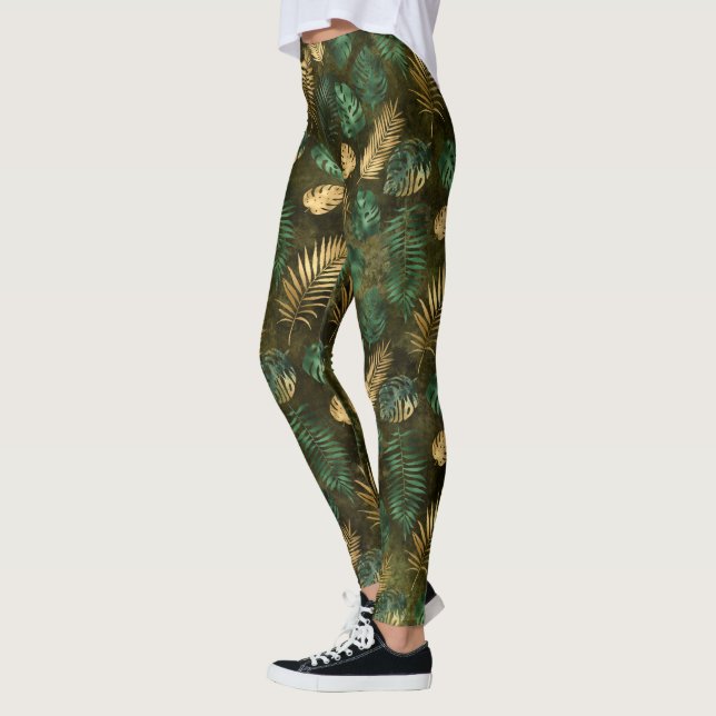 Leggings Vert Jaune de la Jungle Feuilles de Palmier Tropic (Gauche)