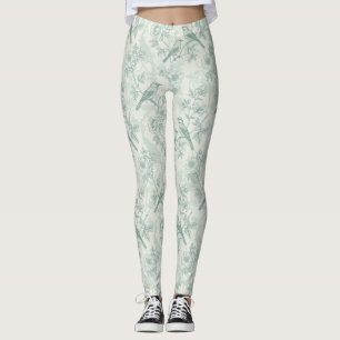 Leggings Vert menthe Toile de Jouy française oiseaux et fle