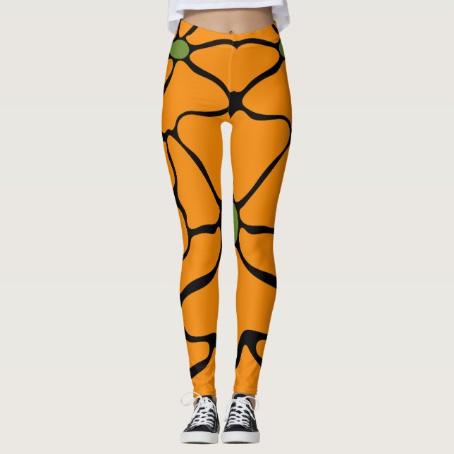 Leggings Vert & Orange Moderne Abstrait Floral (Devant)