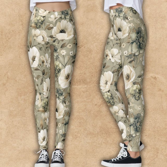 Leggings Vert Sage Et Floral Crème (Créateur téléchargé)