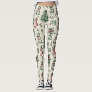Leggings Vert sauge vintage Toile de Noël d'hiver (1)