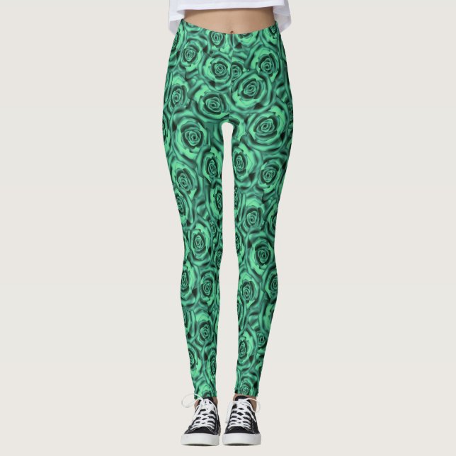 Leggings vert turquoise, rose, floral, vert, turquoise, (Devant)