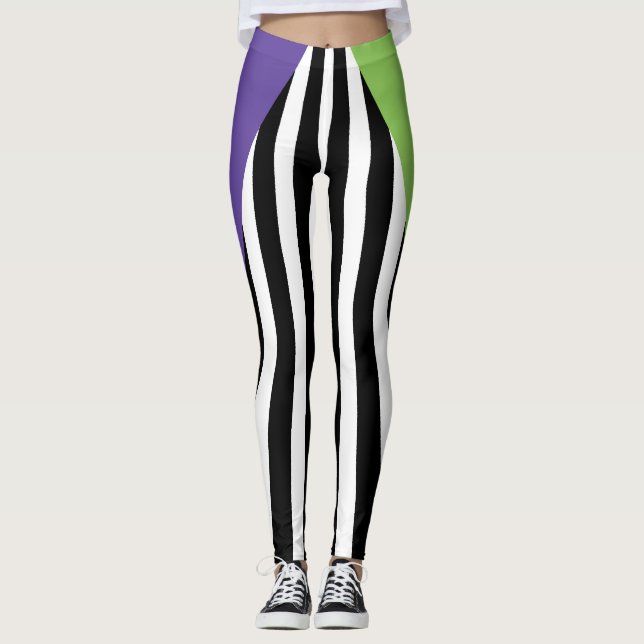 Leggings Vert Violet Noir & Blanc Rayures Fantaisistes (Devant)