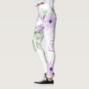 Leggings Vert violet personnalisé, fleurs d'aquarelle