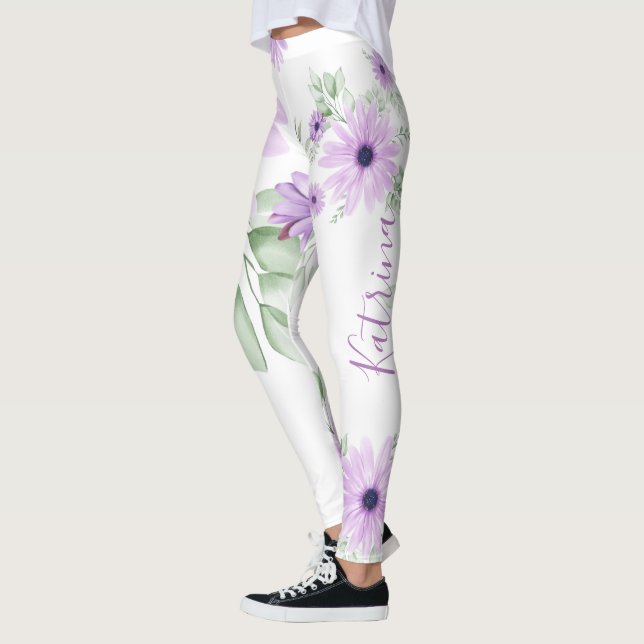 Leggings Vert violet personnalisé, fleurs d'aquarelle (Gauche)