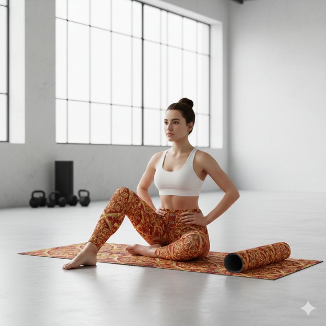 Leggings Vêtements Actifs Ornés Dorés Rouges sur Mesure : V (Find your balance in style! Golden Red ornate leggings & matching yoga mat for your mindful workout.)