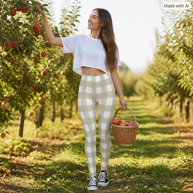 Leggings Vichy vert sauge et blanc Maison de campagne (A pair of leggings with a sage green and white gingham plaid pattern.)