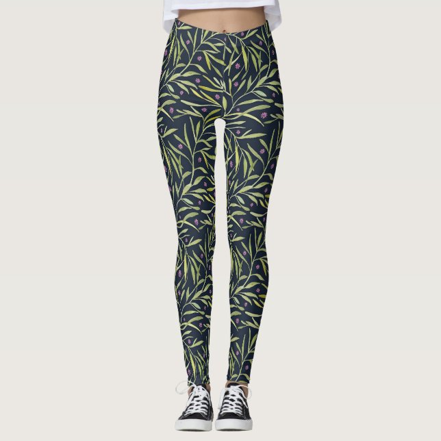 Leggings Vignes feuillues vertes sereines avec fleurs roses (Devant)