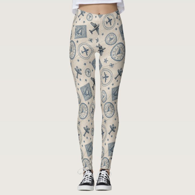 Leggings Vintage Aviation Passport Stamp Pattern (1) (Devant)