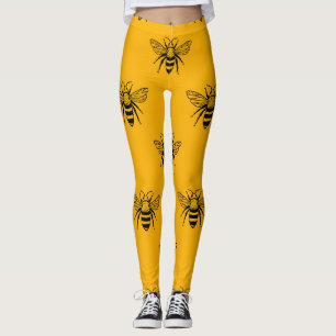 Leggings Vintage Bee Motif, Jaune Noir.