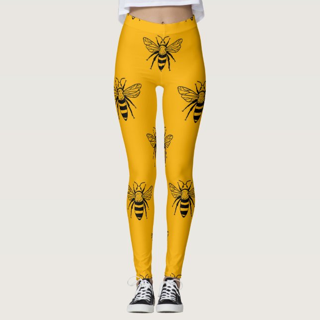 Leggings Vintage Bee Motif, Jaune Noir. (Devant)