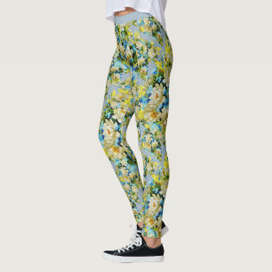 Leggings Vintage Bleu Blanc Floral Fleur Motif Yoga