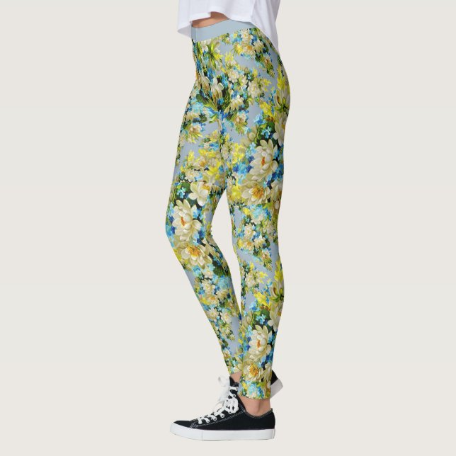 Leggings Vintage Bleu Blanc Floral Fleur Motif Yoga (Gauche)