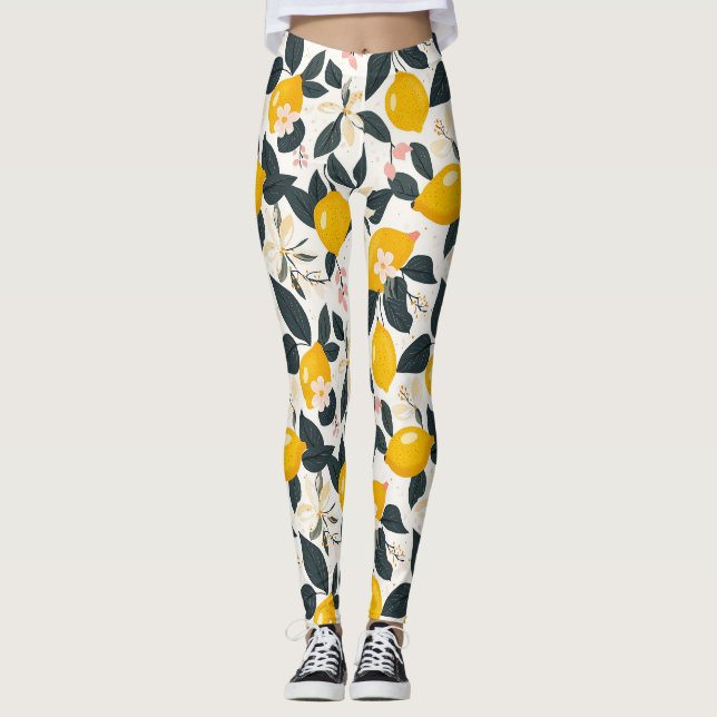 Leggings Vintage citron et Motif de fleurs roses (Devant)