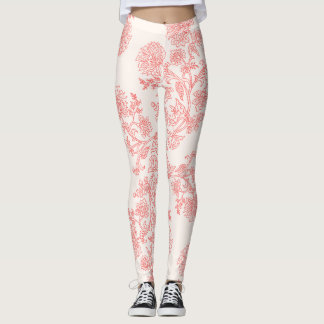 Leggings Vintage Coral Floral Toile Pattern | Elegant