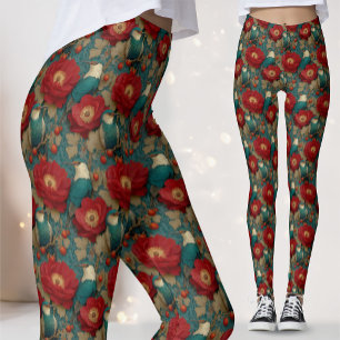 Leggings Vintage Fleur Botanique Rouge Jade Oiseaux Blanc B