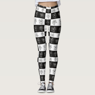 Leggings Vintage Fleurs noires et blanches à damiers motif