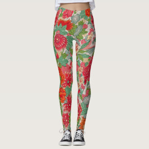 Leggings Vintage Floral Rose Vert Rouge Bleu Motif