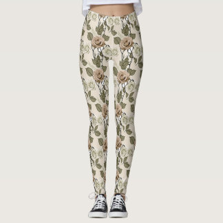 Leggings Vintage Inspired Sepia Roses With Green Leaves