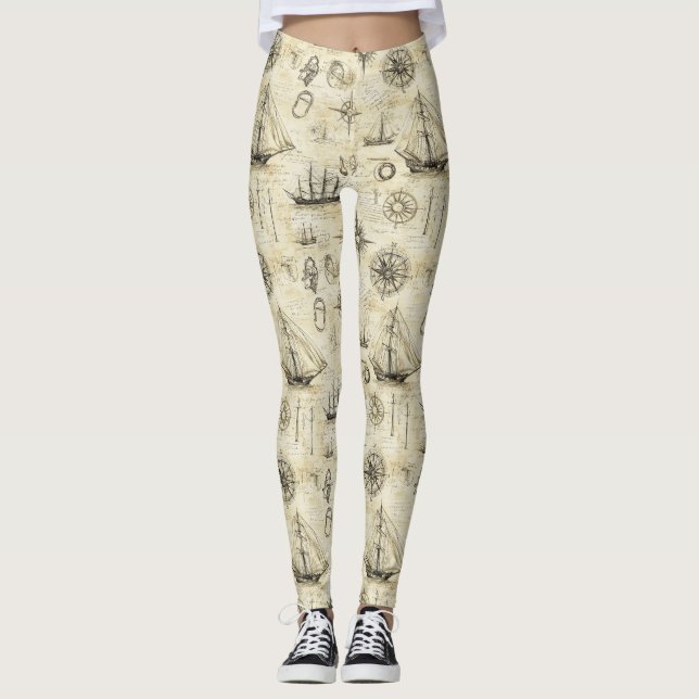 Leggings Vintage Nautical Map Pattern with Ships & Compass (Devant)