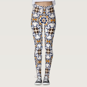 Leggings Vintage Portugais Azulejo Blue Yellow Motif